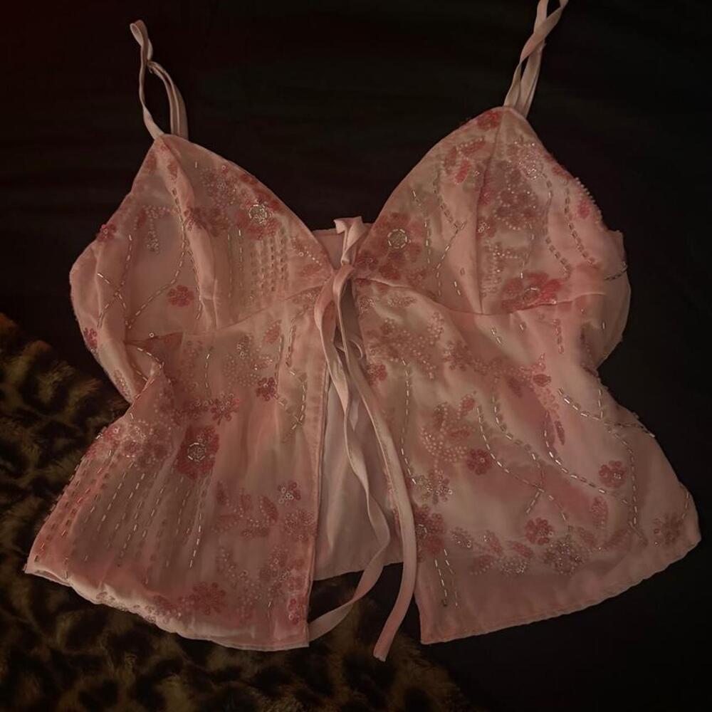 Pink Floral Beaded Tie Front Sheer Cami Top